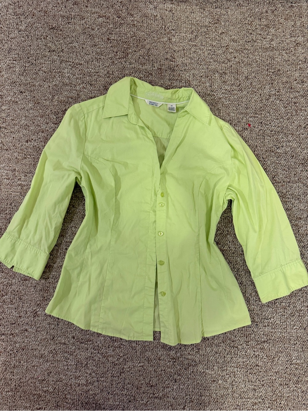 Riders Instantly Slims You Lime Green Button-Front Shirt With 3/4 Sleeves